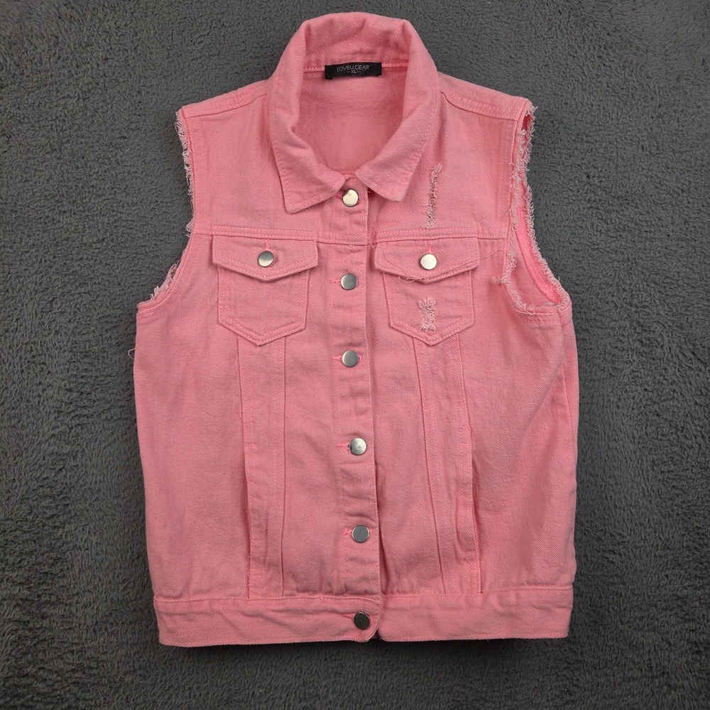 LOVEU.DEAR Denim Vest Women XL Pink N/A Frayed Western Boho Trucker Sleeveless
